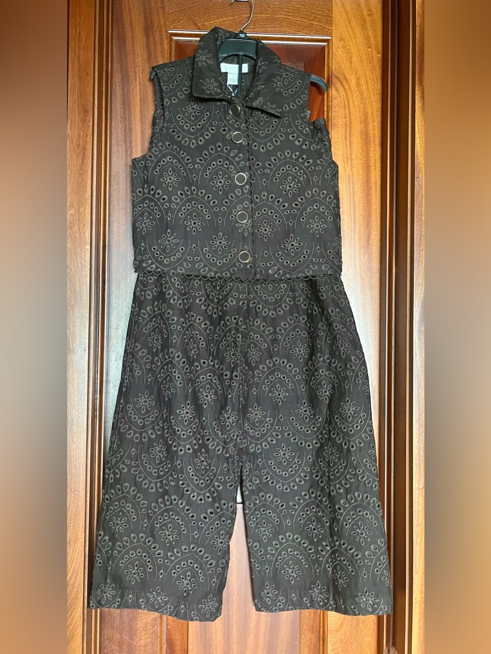 Brown Embroidered cotton vest top & Wide-Leg cropped Pants two piece Set S
